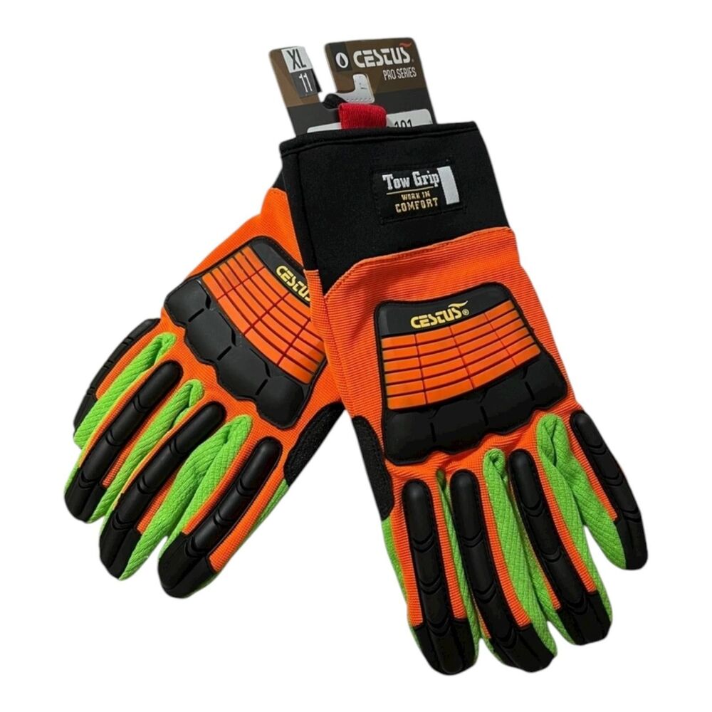 Cestus Tow Grip 101 Work Gloves Mens XL 11 Orange Green TPR Impact ProSeries PPE
